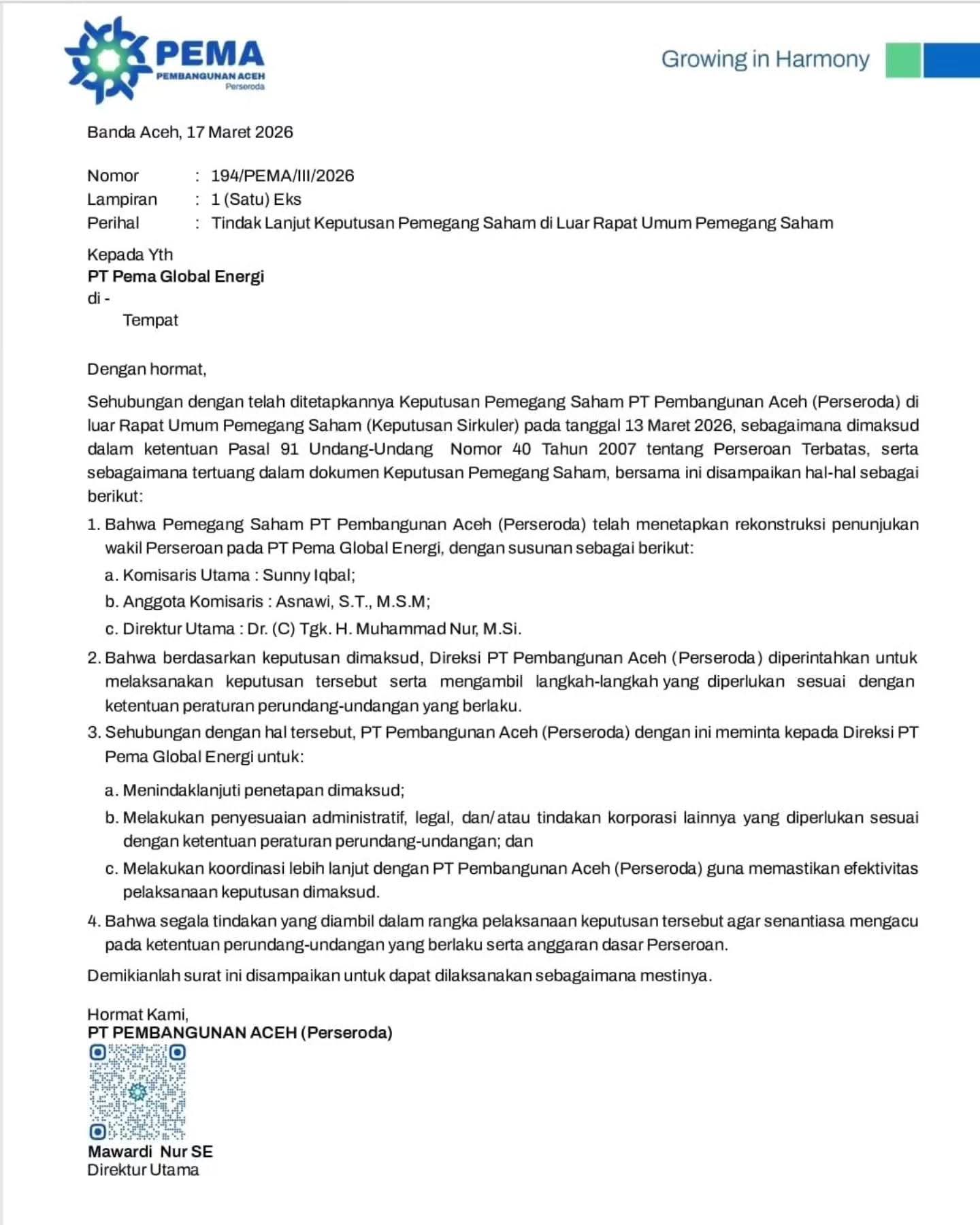 Penunjukan Komut PT Pema Global Energi