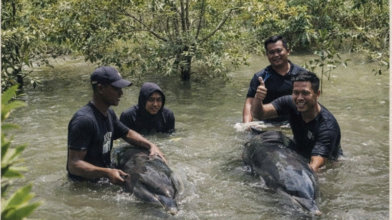Warga Pusung Kapal Aceh Tamiang Selamatkan Lumba-Lumba Hidung Botol yang Terdampar