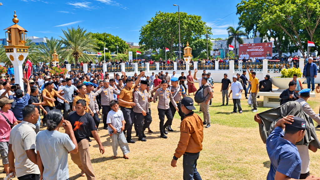 Wakapolda Aceh Brigjen Pol Ari Wahyu Widodo, nyaris diamuk massa dan diusir dari Kompleks Masjid Raya Baiturrahman, Banda Aceh. Foto: AJNN/Saifullah.